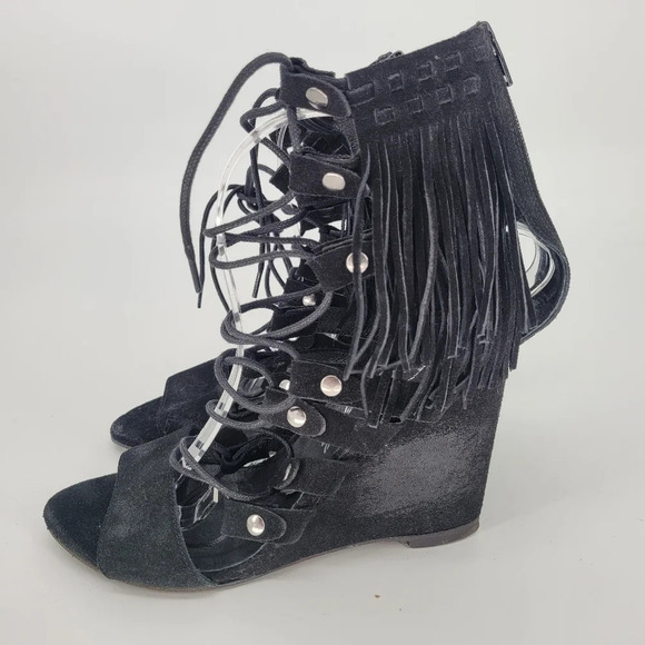 FREE People fringe stud suede wedge heels black shoes 39 US 9 - Picture 3 of 15